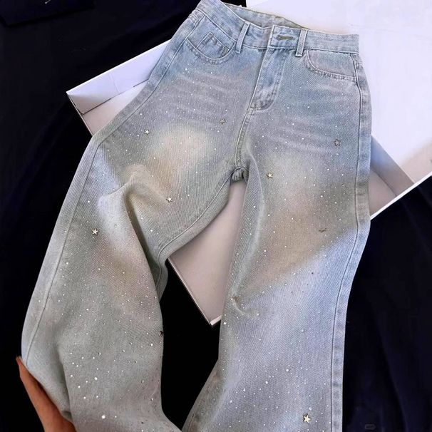 Light Blue Star Rhinestone Jeans – High-Waisted Flared Pants | Elegant & Slimming Wide-Leg Denim For Women_mkmklike.com