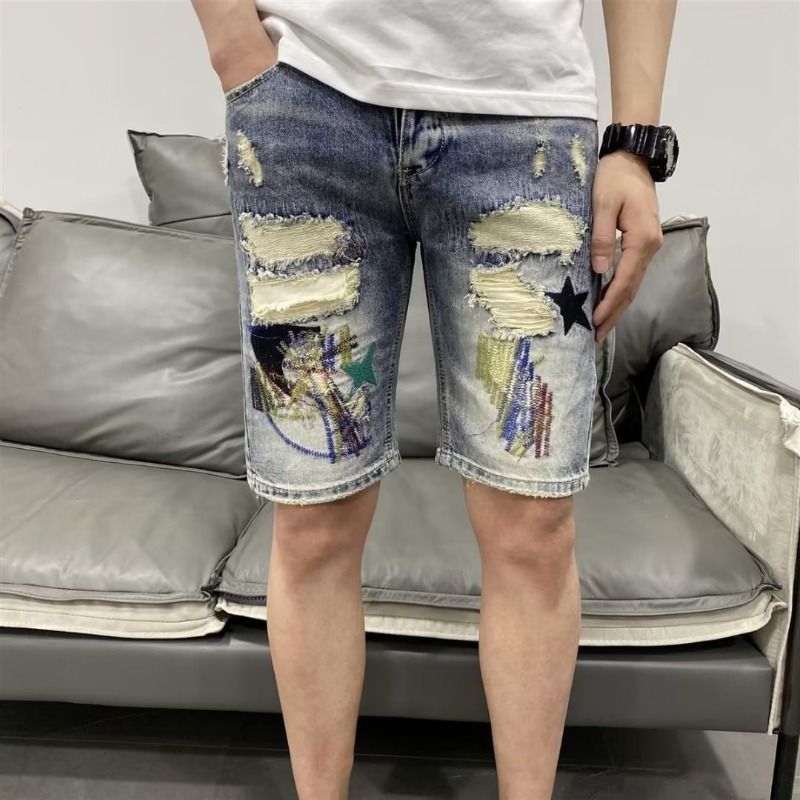 Men's Clothing Fashionable And Stylish Personalized Embroidered Denim Shorts Slim Fitting Skinny Pants Summer Thin Style Ripped Shorts_mkmklike.com
