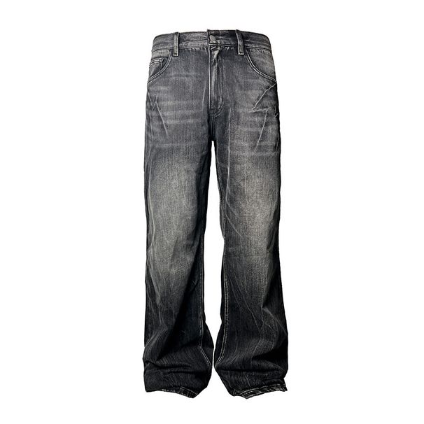 Men's Clothing Retro Dark Blue Lightning Cracked Jeans Loose Wide Leg Pants Straight Flared Design For Men And Women_mkmklike.com