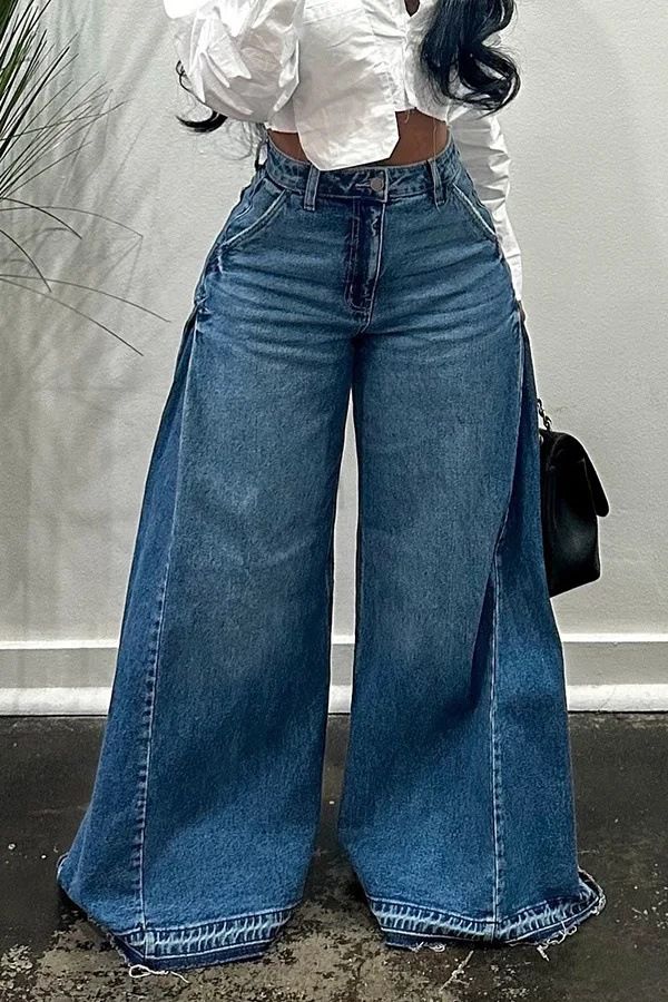 Y2K Retro Wide-Leg Jeans For Women – Distressed Blue Washed Flared Denim Pants With Fringe Hem_mkmklike.com