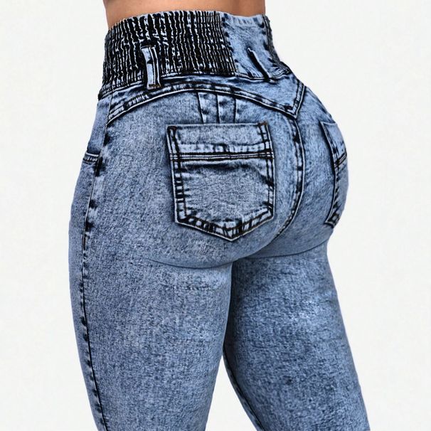 High Waisted Elastic Waist Color Block Stitched Hip Lifting Jeans For Women Style Long Pants_mkmklike.com