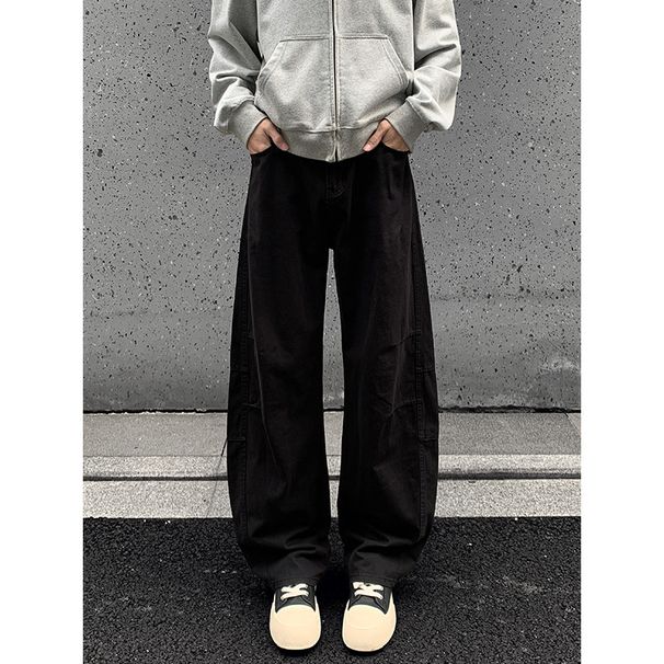 American High Retro Pleated Hip-hop Street Style Patchwork Washed Curved Hem Pants, Autumn Loose Plus-size Jeans For Men_mkmklike.com