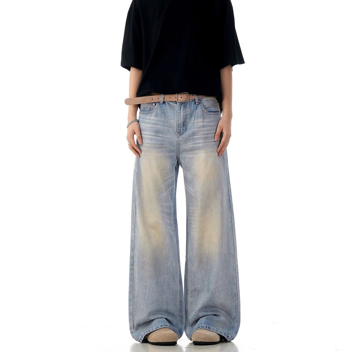 "Men's Ice Blue Straight Leg Denim Jeans – Oversized Retro Washed Style With Long Dragging Hem (Loose Fit, Streetwear Essential)"_mkmklike.com