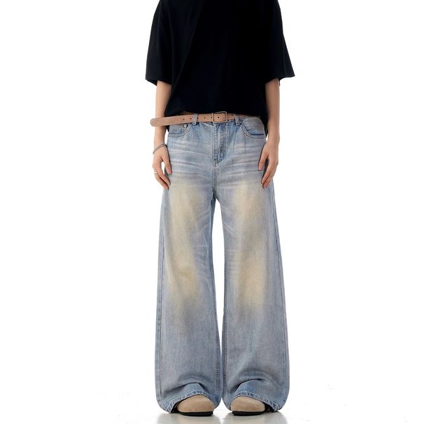 "Men's Ice Blue Straight Leg Denim Jeans – Oversized Retro Washed Style With Long Dragging Hem (Loose Fit, Streetwear Essential)"_mkmklike.com