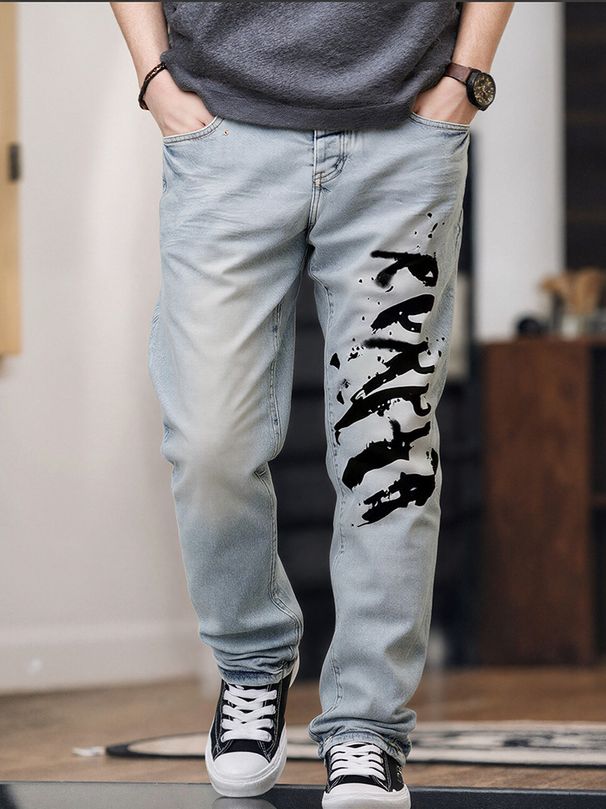 Men's Streetwear Print Denim Jeans – High-Street Stretch Trousers With Artistic Washed Effect (S-XXXL) – European Cross-Border Fashion_mkmklike.com