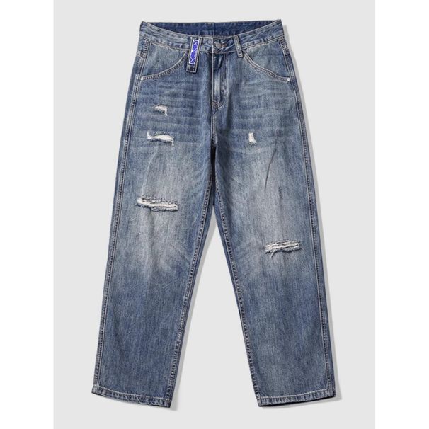 Men's American Style Washed Retro Jeans Ripped Straight Leg Wide Leg Pants Midweight Cotton Black Blue Autumn Trendy Brand_mkmklike.com