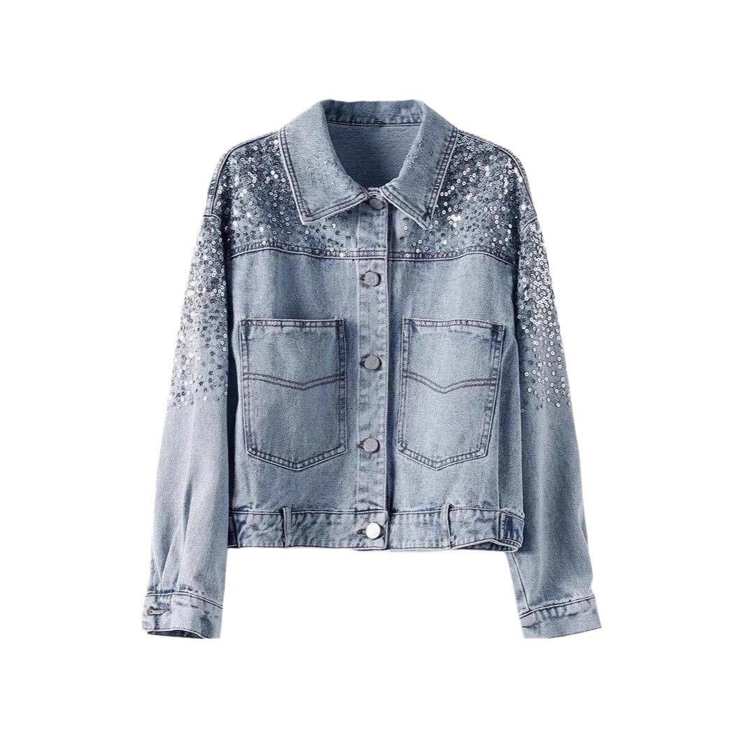 "Women's Distressed Denim Jacket With Sequin Embellishments - Vintage Washed Cropped Oversized Style (Light Blue/Black)"_mkmklike.com