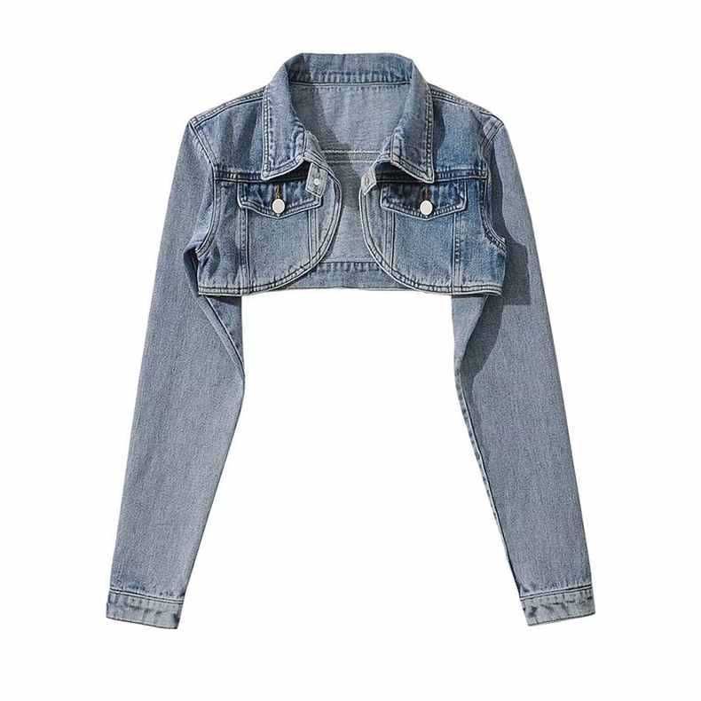 "Women's Cropped Denim Jacket - High Waist Shawl Collar Retro Style (Light Blue/Black Gray)"_mkmklike.com