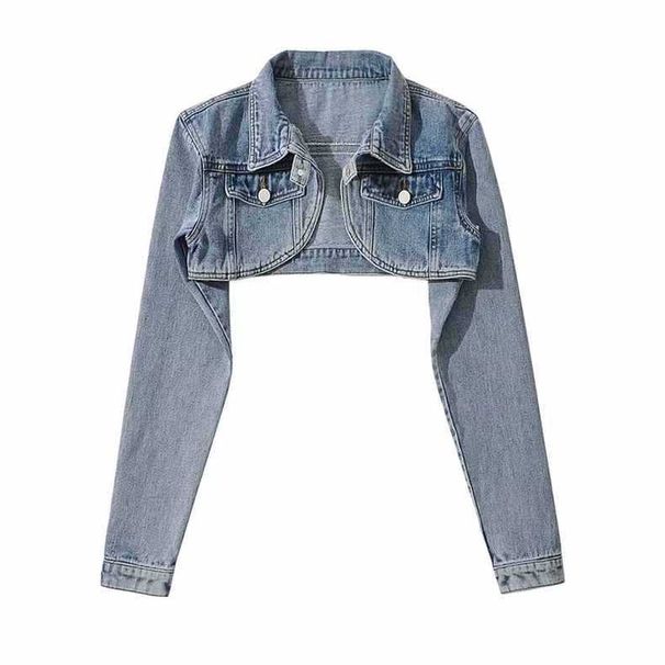 "Women's Cropped Denim Jacket - High Waist Shawl Collar Retro Style (Light Blue/Black Gray)"_mkmklike.com