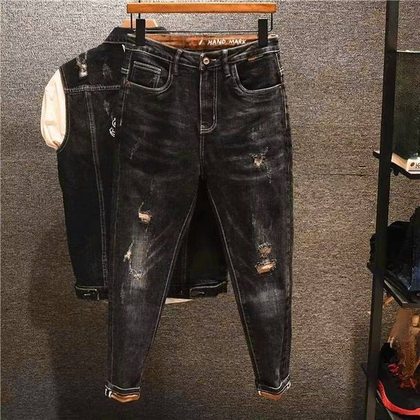 Men's Clothing Autumn Skinny Jeans Men's Black Nine Point Pants Ripped Patches Retro Trendy Men's Pants Casual Ins_mkmklike.com