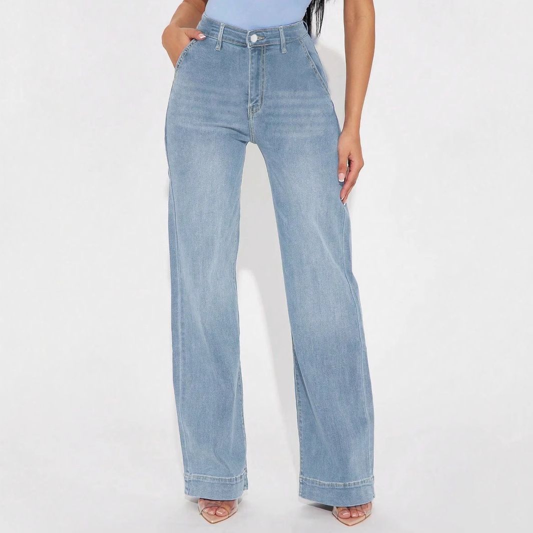 Women's Relaxed Fit Straight Leg Jeans - High Waist Washed Denim Pants For Casual Comfort (Light Blue, Vintage Blue)_mkmklike.com