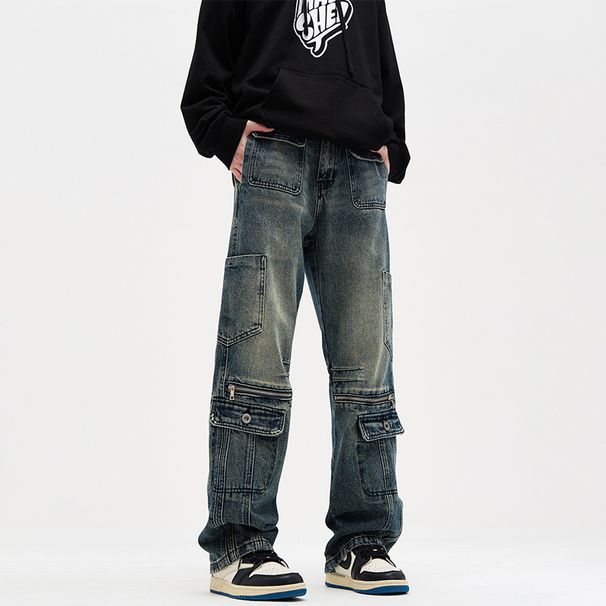 Nordmann Vintage Design Multi-Pocket Jeans For Men, Autumn And Winter Loose Straight Wide-Leg, American Style Trendy Casual_mkmklike.com