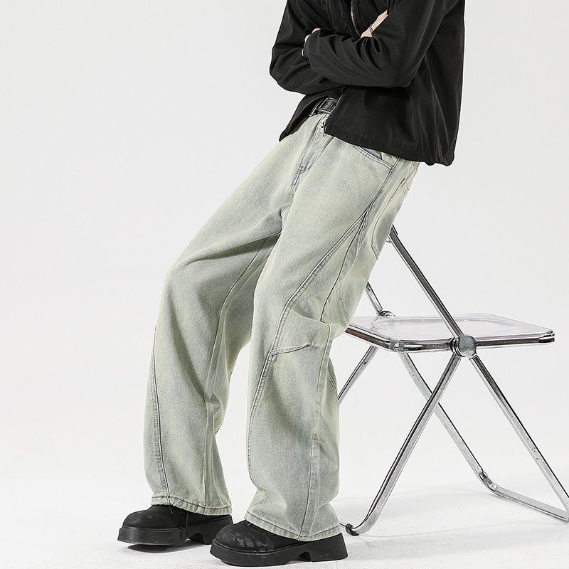 LKTM Men's Wear # American Washed Distressed Spliced Curved Knife Jeans For Men And Women Loose Wide Straight Leg Pants_mkmklike.com