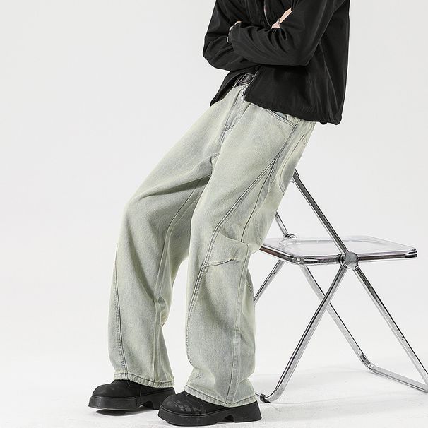 LKTM Men's Wear # American Washed Distressed Spliced Curved Knife Jeans For Men And Women Loose Wide Straight Leg Pants_mkmklike.com