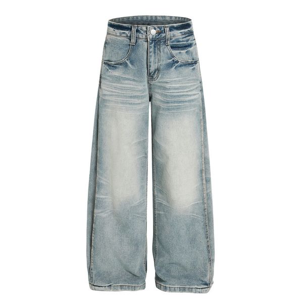 Punk Washed Gradient Water Ripple Jeans Men's Loose Wide Leg Vibe Trendy Distressed Straight Pants_mkmklike.com