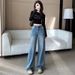 Women's Clothing Versatile Rhinestone Straight Leg Wide Leg Jeans Petite Regular Thickness Polyester Solid Pattern England Style Fashion_mkmklike.com