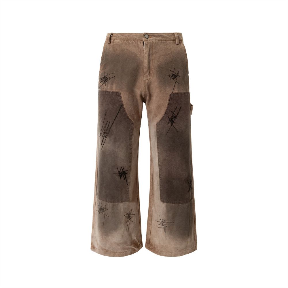 Wasteland Style Spray Paint Tie-Dye Vintage Dirty Denim Wide-Leg Men's High Street Trend Patchwork Loose Straight Pants_mkmklike.com