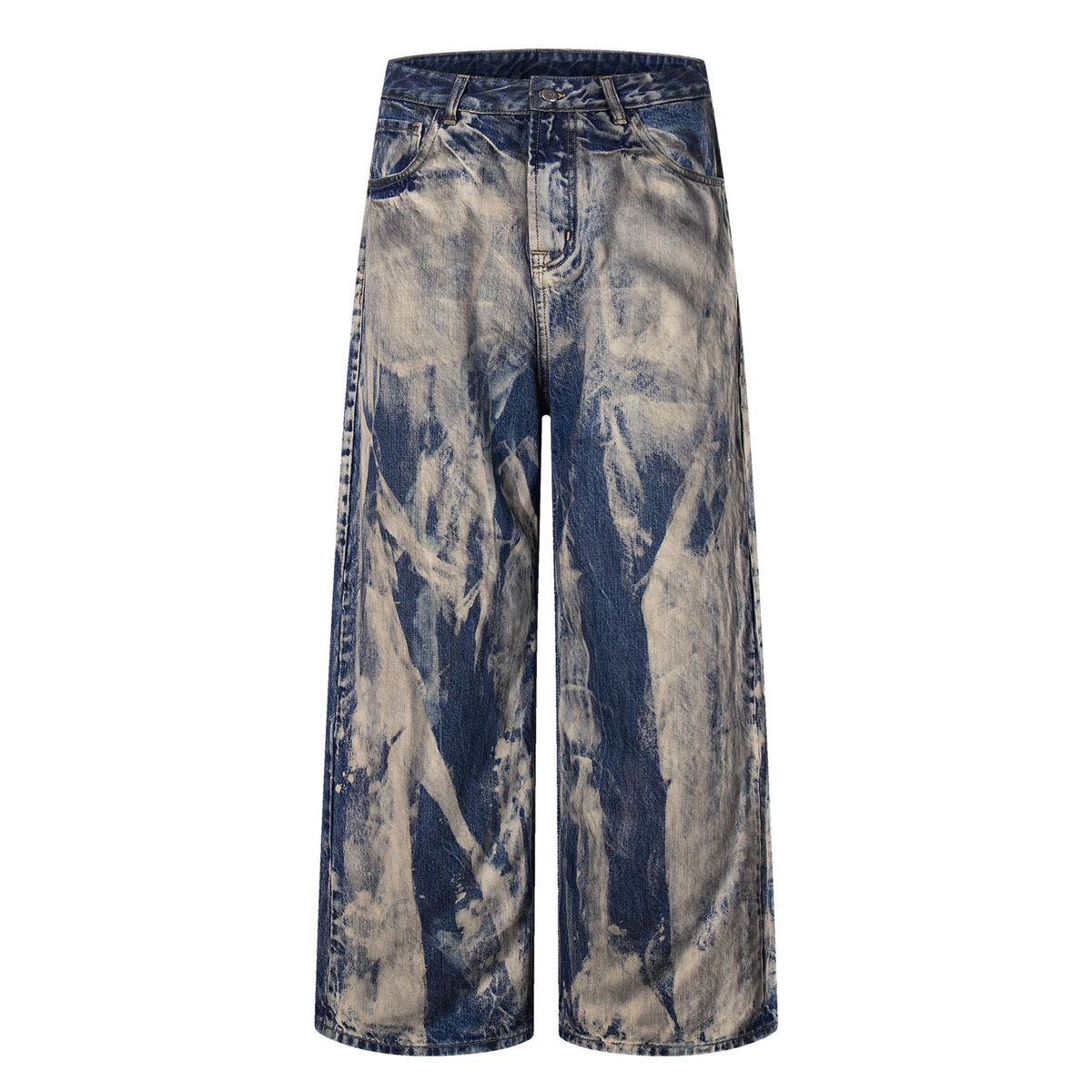 Unisex Oversized Streetwear Jeans Distressed Washed Denim Pants with Splatter Paint Effect Loose Fit Zip Fly Blue 100% Cotton_mkmklike.com