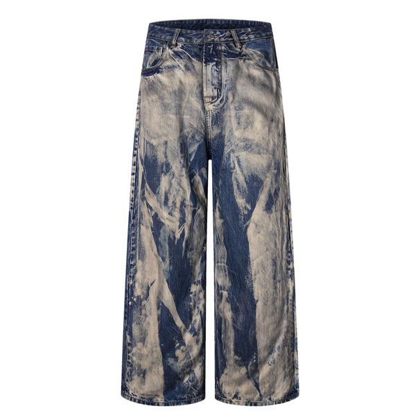 Unisex Oversized Streetwear Jeans Distressed Washed Denim Pants with Splatter Paint Effect Loose Fit Zip Fly Blue 100% Cotton_mkmklike.com