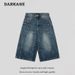 Unisex Vintage Washed Denim Shorts With Lightning Bolt Design American High Street Style Loose Fit Straight Leg Summer Shorts_mkmklike.com