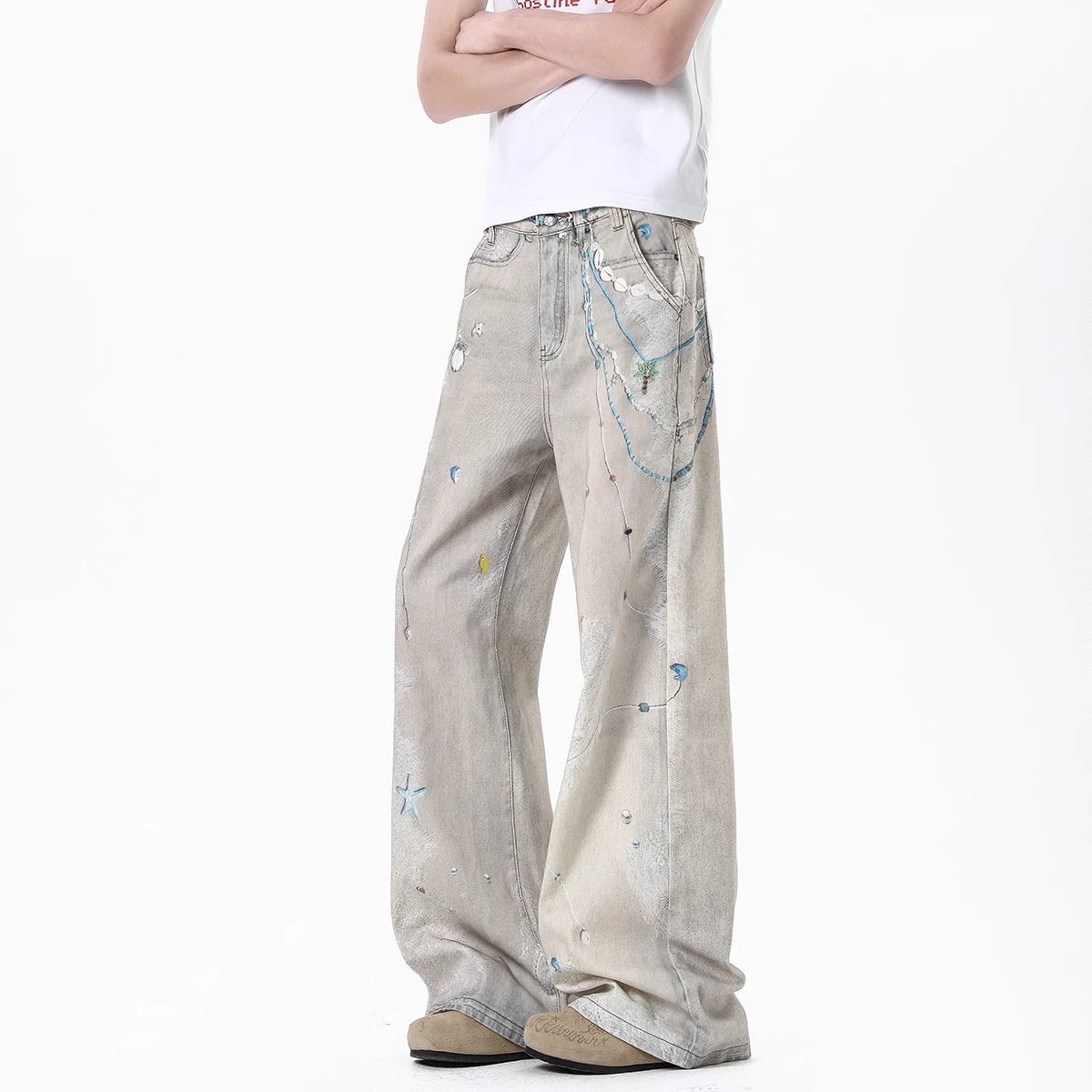 "Men's Distressed Print Jeans – Washed Denim With Chain & Lace Design (S-3XL)"_mkmklike.com