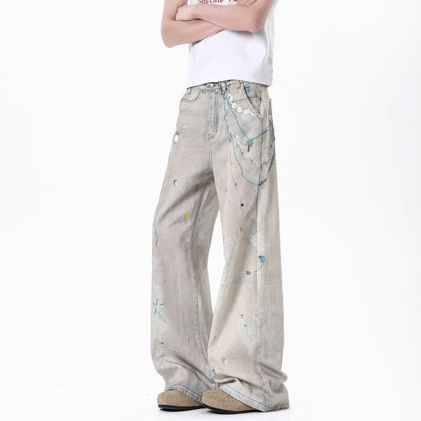 "Men's Distressed Print Jeans – Washed Denim With Chain & Lace Design (S-3XL)"_mkmklike.com