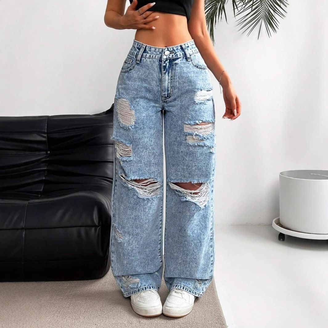 Women's Clothing Distressed High Waist Straight Leg Jeans Comfortable Cotton Denim Pants With Multiple Rips, Classic Blue & Dark Blue Shades (XS-2XL)_mkmklike.com
