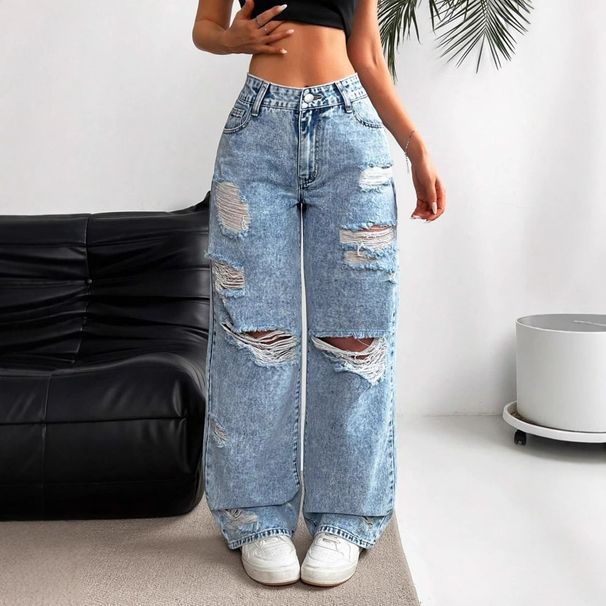 Women's Clothing Distressed High Waist Straight Leg Jeans Comfortable Cotton Denim Pants With Multiple Rips, Classic Blue & Dark Blue Shades (XS-2XL)_mkmklike.com