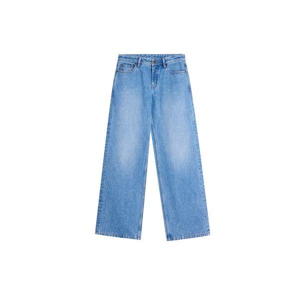 Women's Clothing Retro Light Blue Pure Cotton Spring And Autumn Washed Distressed Mid Low Waist Loose Straight Denim Trousers_mkmklike.com