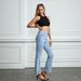 Vintage Washed High-Rise Flared Jeans Stretch Denim Pants For Women ( 80% Cotton, Retro 70s Style, Comfortable Mid Waist, Distressed Hem)_mkmklike.com