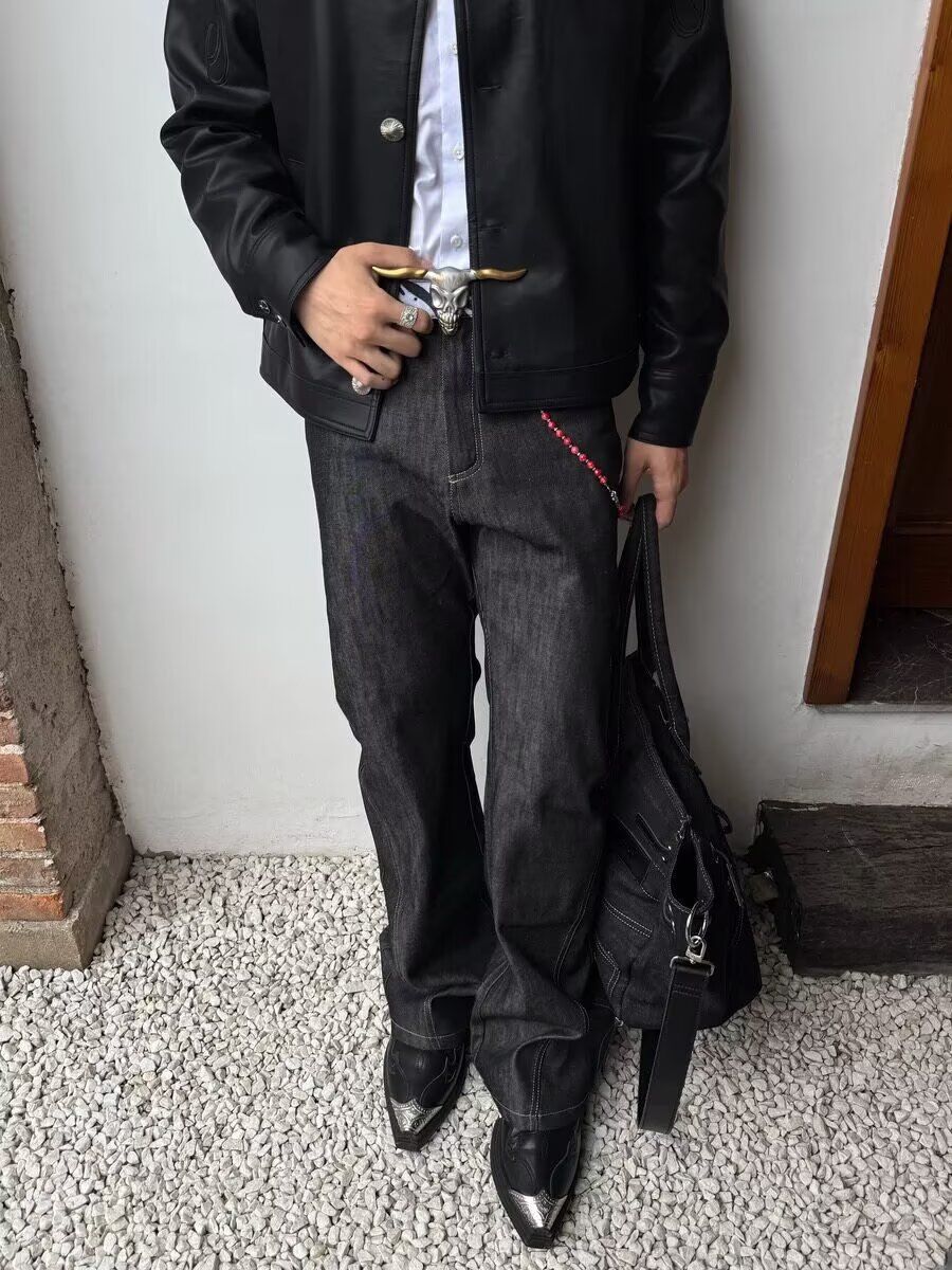 Men's Retro Slim Flared Jeans High Street Style Trendy Casual Washed Floor Length Trousers_mkmklike.com