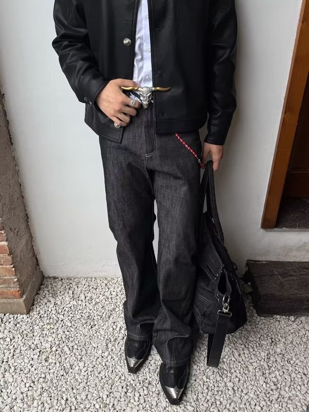 Men's Retro Slim Flared Jeans High Street Style Trendy Casual Washed Floor Length Trousers_mkmklike.com