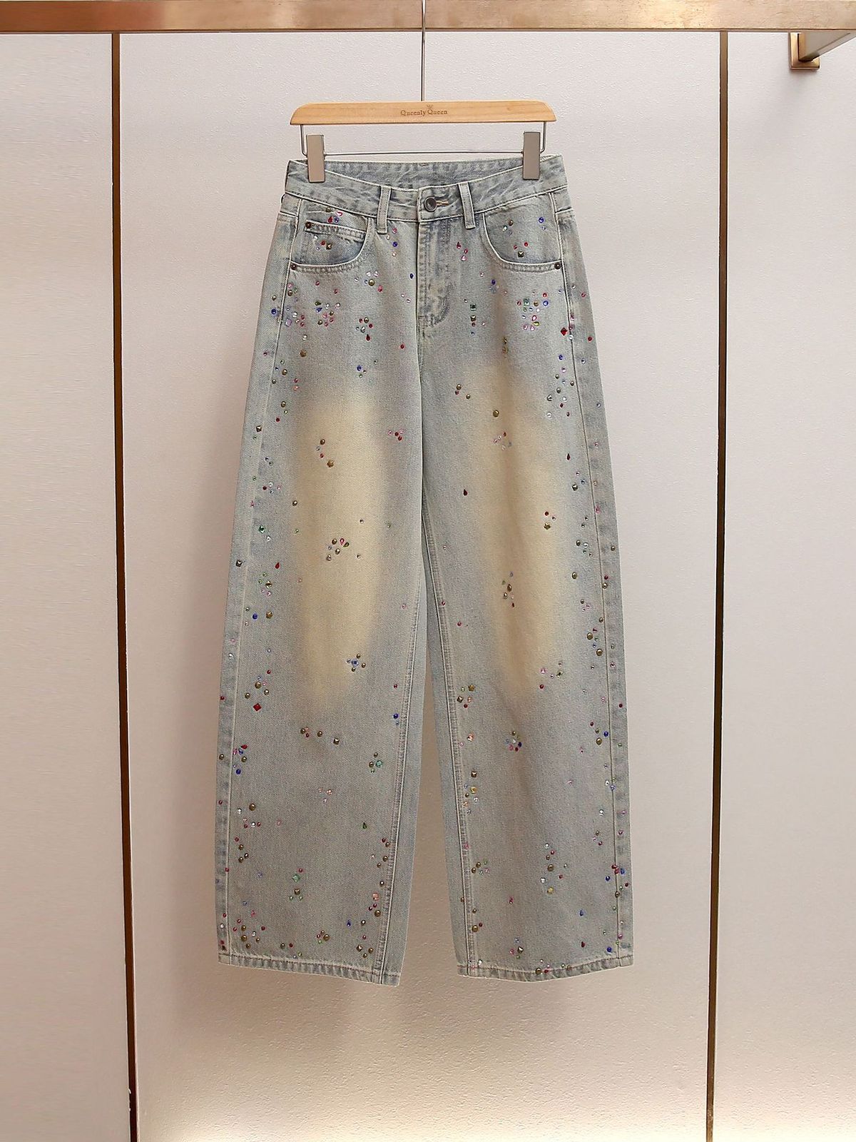 Women's Rhinestone Embellished Wide Leg Jeans High Waisted A Line Retro Versatile Denim For Autumn And Winter_mkmklike.com