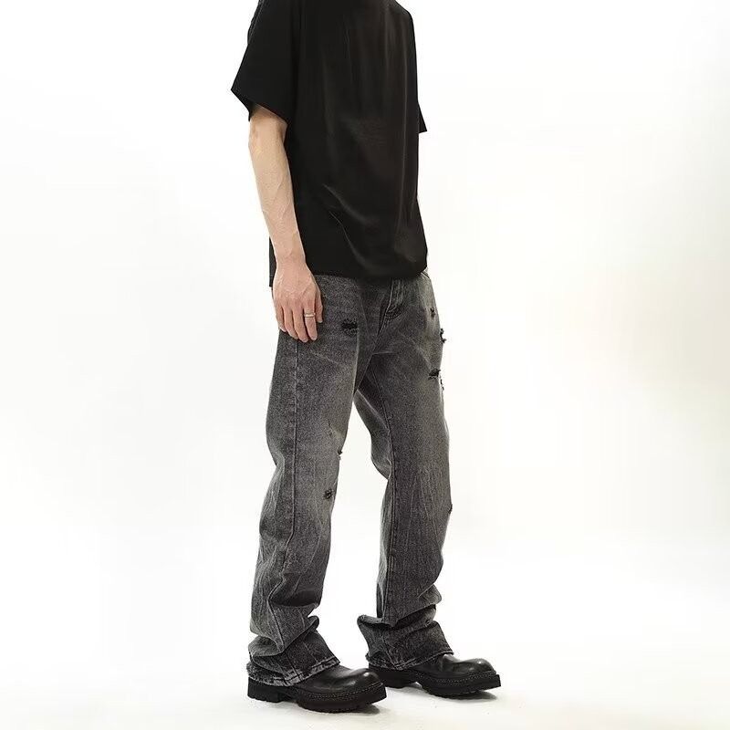 Men's Distressed Flared Jeans - Vintage Washed Black Gray Denim Pants With Ripped Hem & Streetwear Style_mkmklike.com