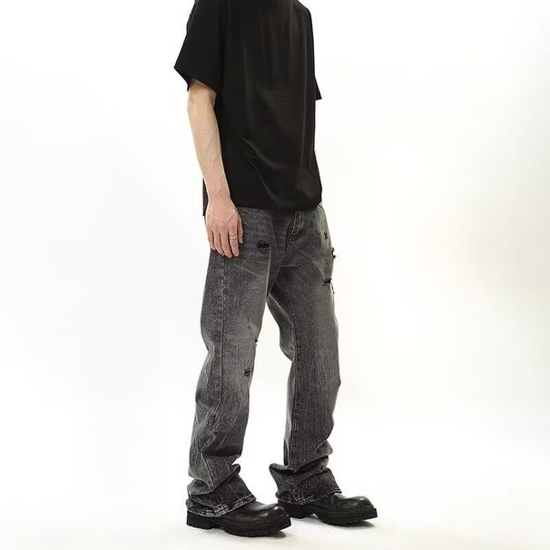 Men's Distressed Flared Jeans - Vintage Washed Black Gray Denim Pants With Ripped Hem & Streetwear Style_mkmklike.com