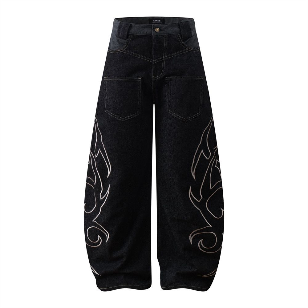 Inverted Wear Personality High Street Totem Embroidery Scimitar Jeans Men's Niche Design Loose Wide-Leg Pants Trendy_mkmklike.com
