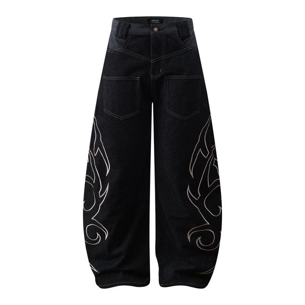 Inverted Wear Personality High Street Totem Embroidery Scimitar Jeans Men's Niche Design Loose Wide-Leg Pants Trendy_mkmklike.com