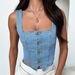 K New Denim Tank Top, Solid Color Buckle Fashion Suspender, Short Top_mkmklike.com