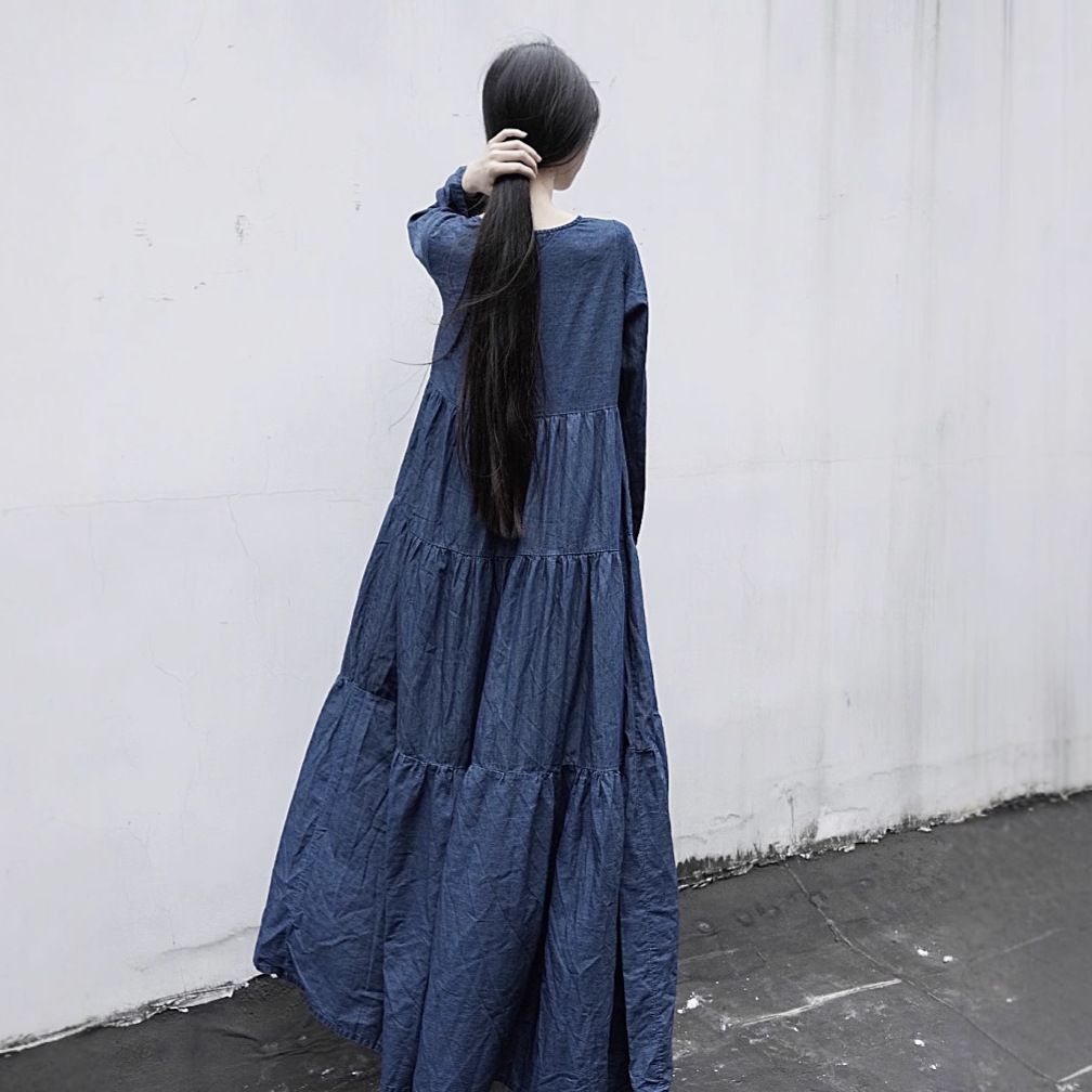 Homemade Sand Washed Denim Cotton Three Piece Sleeved Dress, Long Artistic Dress For Children_mkmklike.com