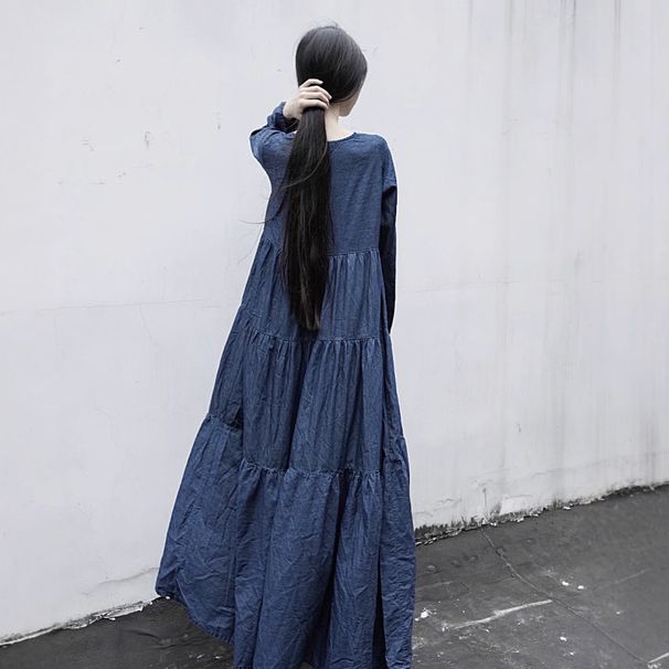 Homemade Sand Washed Denim Cotton Three Piece Sleeved Dress, Long Artistic Dress For Children_mkmklike.com