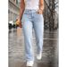 Women's Casual Light Blue Washed Overlap Waist Loose Straight Leg Jeans Denim Pants_mkmklike.com