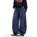 Cross-border American Retro Large-pocket Scythe Jeans For Women, Loose-fitting, Floor-length, Wide-leg, Blue, Casual_mkmklike.com