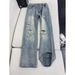 Unisex High Street Style Retro Distressed Jeans Loose Fit Slimming Straight Leg Slightly Flared Pants_mkmklike.com