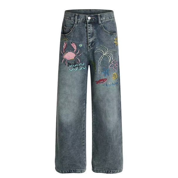 American High Street Design Embroidered Washed Denim Men's Loose Wide Leg Punk Frayed Vintage Straight Pants_mkmklike.com