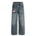 American High Street Design Embroidered Washed Denim Men's Loose Wide Leg Punk Frayed Vintage Straight Pants_mkmklike.com