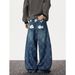 Unisex Vintage Indigo Houndstooth Blade Jeans - 90s Retro Wide-Leg Streetwear Pants With Asymmetrical Cuts_mkmklike.com