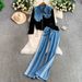 Stylish Denim Patchwork Jacket & High-Waisted Striped Pants Set – Distressed Fringe & Slim-Fit Design For Effortless Chic (M/L/XL/2XL)_mkmklike.com