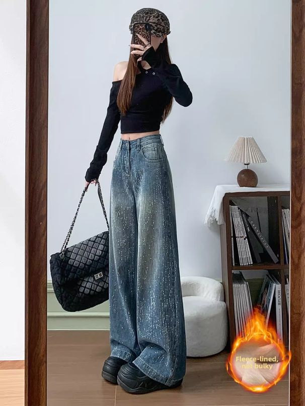 Retro Star-Embellished Flared Jeans For Women – Winter Fleece-Lined Wide-Leg Pants, High Waist & Stretch-Free (S-2xl)_mkmklike.com