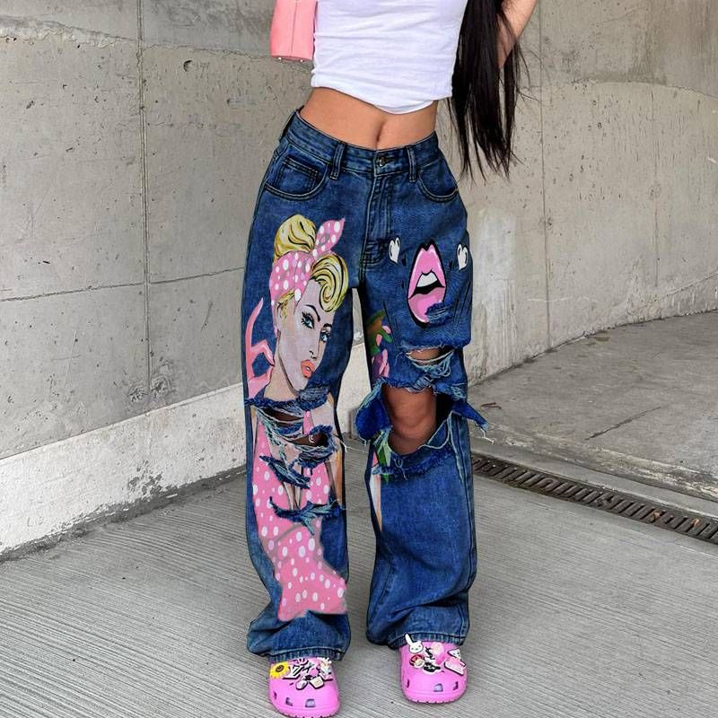 Women's Retro Washed High Waist Wide Leg Jeans Women 2023 Fashion New Printed Hollow Ripped Straight Trousers_mkmklike.com
