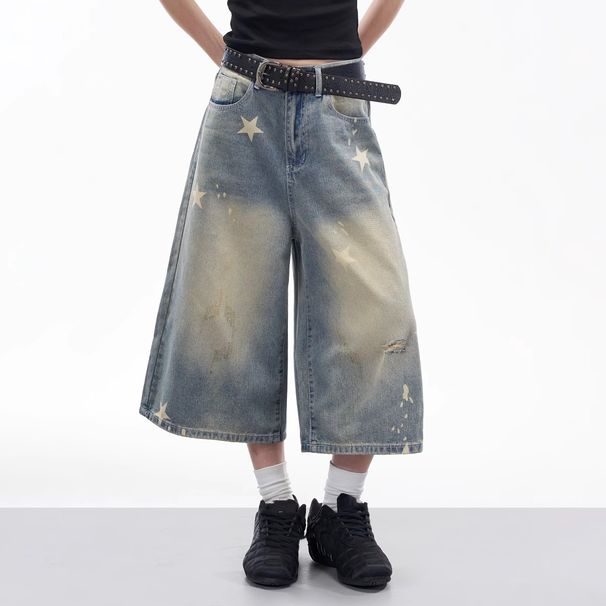 "Men's Vintage Distressed Jeans – Star Print & Ripped Details (Relaxed Wide-Leg Cropped Fit, Summer Style)"_mkmklike.com